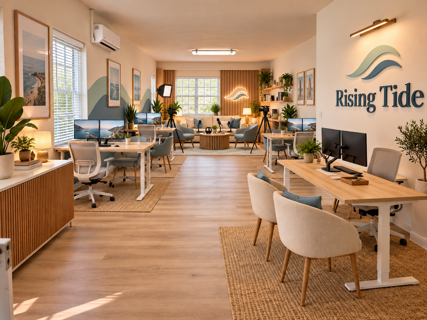 Rising Tide La Jolla flagship office preview with studio-style lounge setup